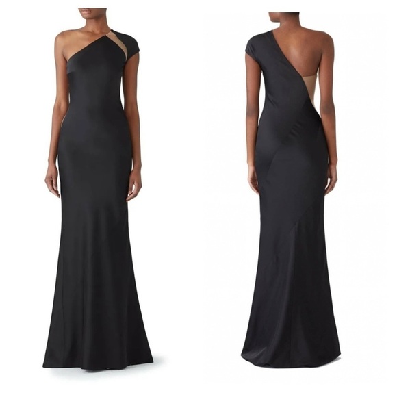 Kaufman Franco / black onyx column one shoulder illusion gown crepe dress 2 - Picture 1 of 8